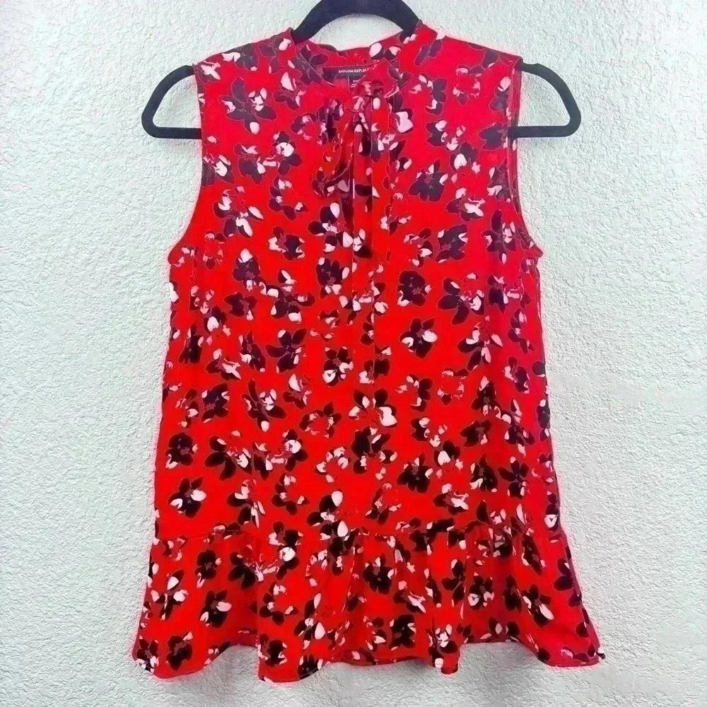 Banana Republic Floral Crepe Tie-Neck Sleeveless Peplum Blouse - Size XS